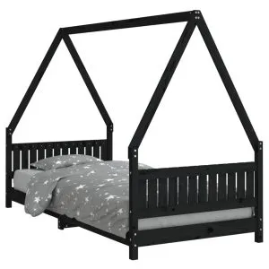 Cadru pat pentru copii, negru, 90×200 cm, lemn masiv de pin