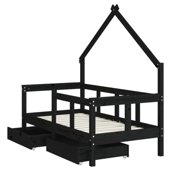 Cadru de pat copii cu sertare, negru, 70×140 cm, lemn masiv pin