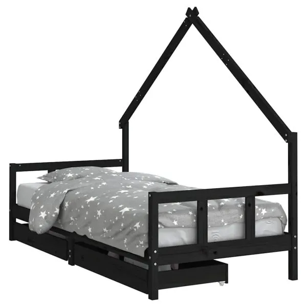 Cadru de pat copii cu sertare, negru, 90×200 cm, lemn masiv pin