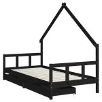 Cadru de pat copii cu sertare, negru, 90×200 cm, lemn masiv pin