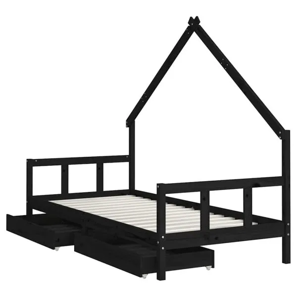 Cadru de pat copii cu sertare, negru, 90×200 cm, lemn masiv pin