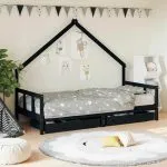 Cadru de pat copii cu sertare, negru, 90×200 cm, lemn masiv pin