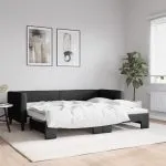 Pat de zi cu extensie, negru, 80×200 cm, textil