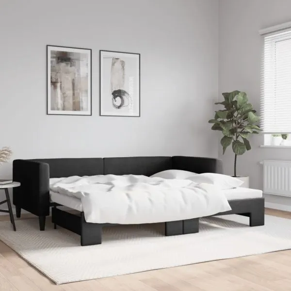 Pat de zi cu extensie, negru, 90×200 cm, textil