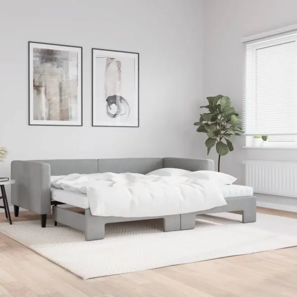 Pat de zi cu extensie și saltele, gri deschis 90×190 cm textil