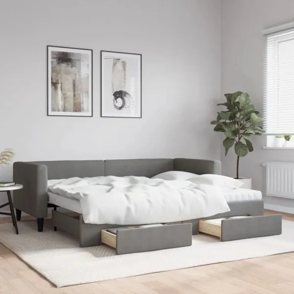 Pat de zi cu extensie și sertare, gri închis, 80×200 cm textil
