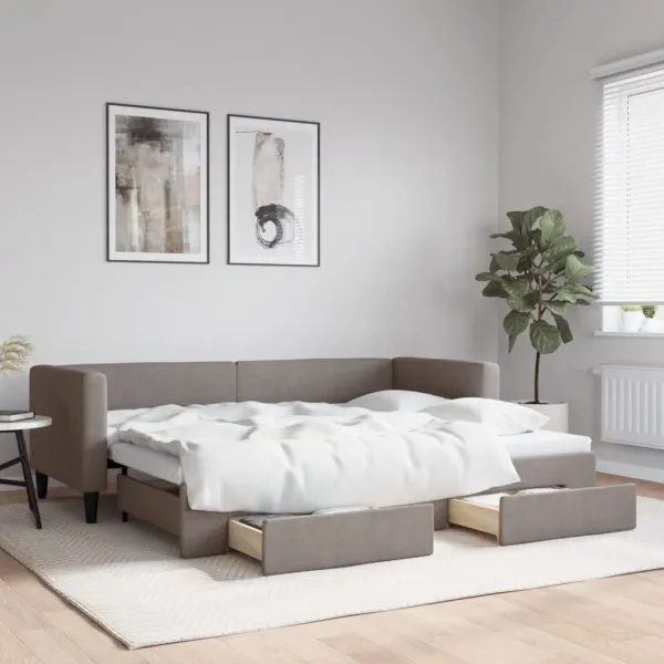 Pat de zi cu extensie și sertare, gri taupe, 80×200 cm, textil