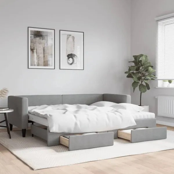 Pat de zi cu extensie și sertare, gri deschis, 80×200 cm textil
