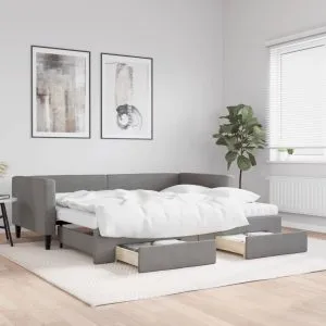 Pat de zi cu extensie și sertare, gri închis, 90×200 cm textil