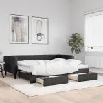 Pat de zi cu extensie și sertare, negru, 90x190cm, textil