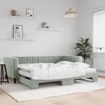 Pat de zi cu extensie și saltele, gri deschis 90×200 cm catifea