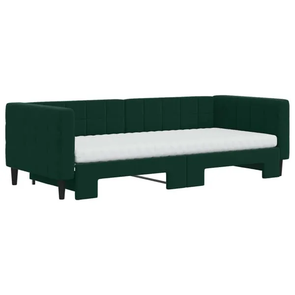 Pat de zi cu extensie și saltele verde închis 90×200 cm catifea