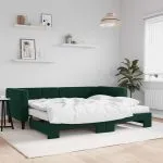 Pat de zi cu extensie și saltele verde închis 90×200 cm catifea