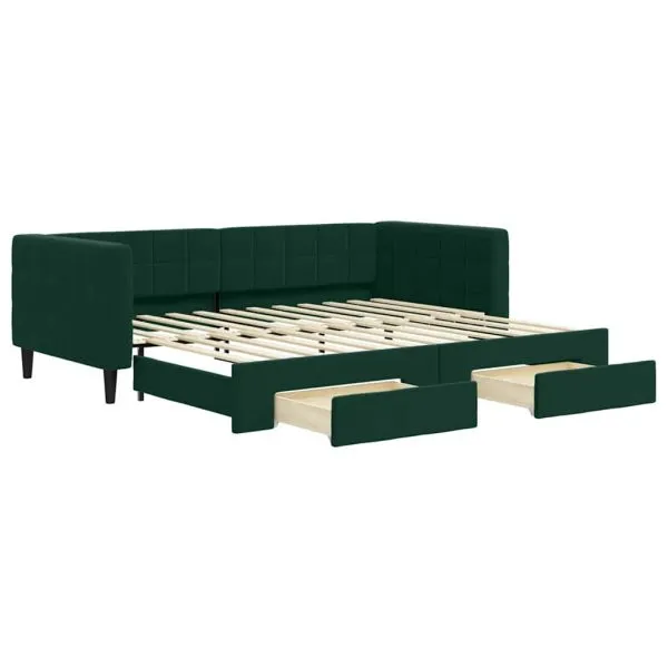 Pat de zi cu extensie și sertare verde închis 90×200 cm catifea