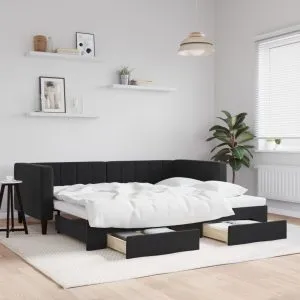 Pat de zi cu extensie și sertare, negru, 90×200 cm, catifea