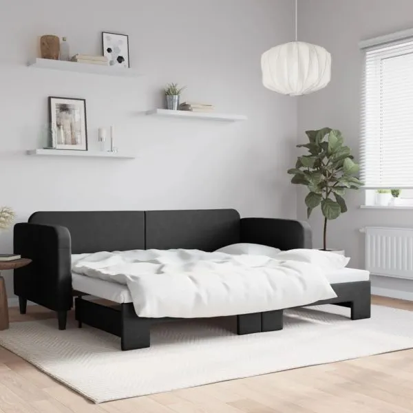 Pat de zi cu extensie, negru, 80×200 cm, textil