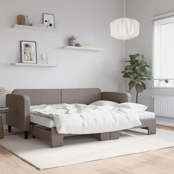 Pat de zi cu extensie și saltele, gri taupe, 80×200 cm, textil