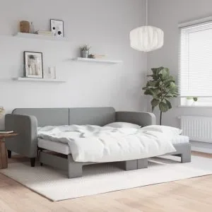 Pat de zi cu extensie și saltele, gri deschis 100×200 cm textil