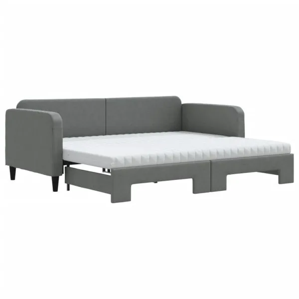 Pat de zi cu extensie și saltele, gri închis, 90×190 cm, textil