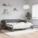 Pat de zi cu extensie și saltele, gri închis, 90×190 cm, textil