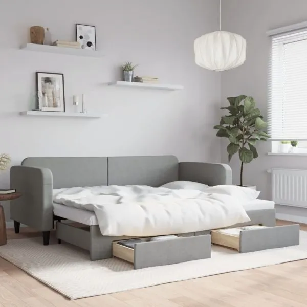 Pat de zi cu extensie și sertare, gri deschis, 80×200 cm textil