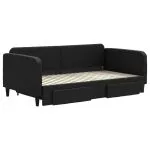 Pat de zi cu extensie și sertare, negru, 90x190cm, textil