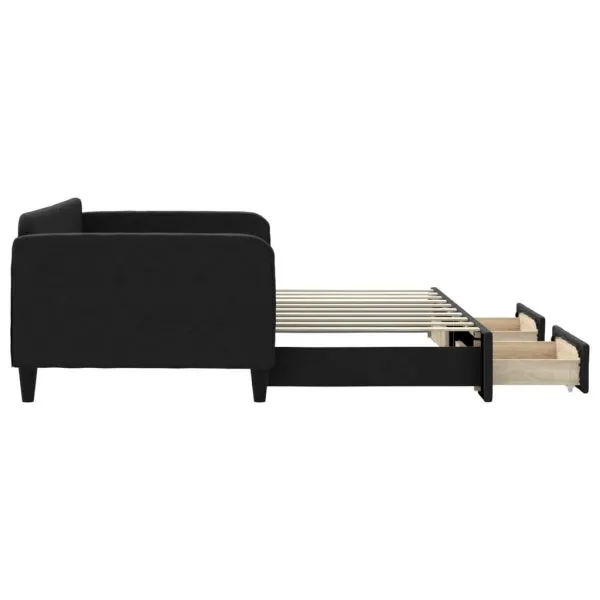 Pat de zi cu extensie și sertare, negru, 90x190cm, textil