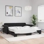 Pat de zi cu extensie, negru, 100×200 cm, catifea