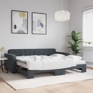 Pat de zi cu extensie și saltele, gri închis 90×200 cm catifea