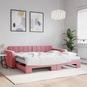 Pat de zi cu extensie și saltea, roz, 90×200 cm, catifea