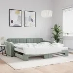 Pat de zi cu extensie și saltele gri deschis 100×200 cm catifea