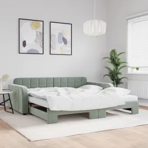 Pat de zi cu extensie și saltele gri deschis 100×200 cm catifea