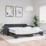 Pat de zi cu extensie și saltele, gri închis 100×200 cm catifea