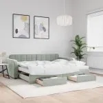 Pat de zi cu extensie și sertare, gri deschis 90×200 cm catifea