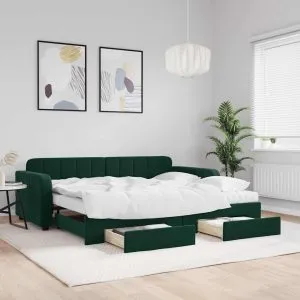 Pat de zi cu extensie și sertare verde închis 90×200 cm catifea
