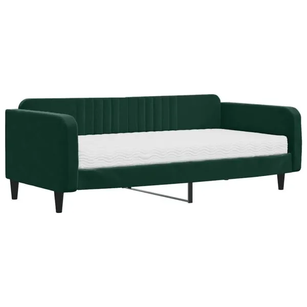 Pat de zi cu saltea, verde închis, 100×200 cm, catifea