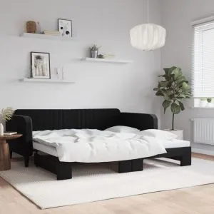 Pat de zi cu extensie, negru, 100×200 cm, catifea