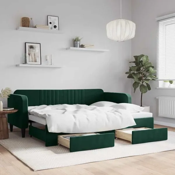 Pat de zi cu extensie și sertare verde închis 80×200 cm catifea