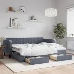 Pat de zi cu extensie și sertare gri închis 90×200 cm catifea
