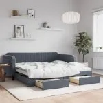 Pat de zi cu extensie și sertare gri închis 100x200cm catifea