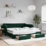 Pat de zi cu extensie și sertare verde închis 100x200cm catifea