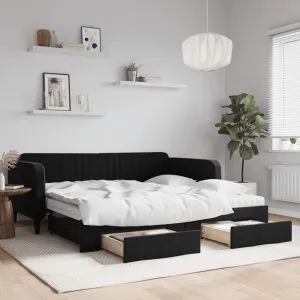 Pat de zi cu extensie și sertare, negru, 100×200 cm, catifea