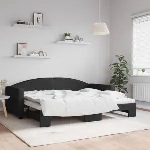 Pat de zi cu extensie, negru, 90×200 cm, textil