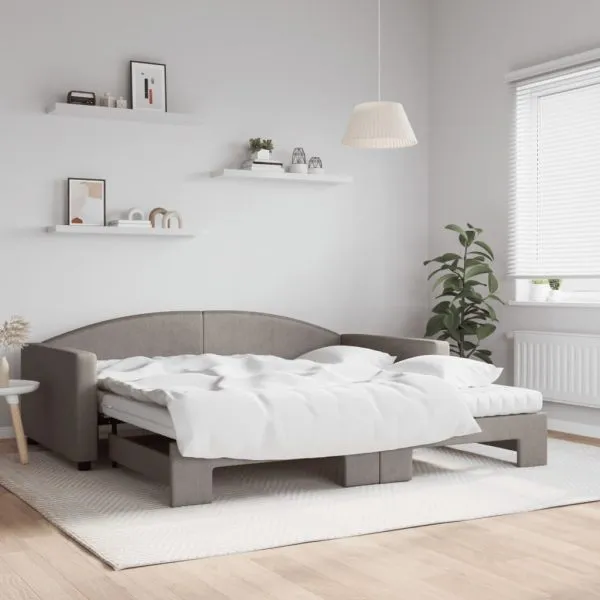 Pat de zi cu extensie și saltele, gri taupe, 100×200 cm, textil