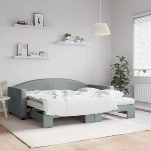 Pat de zi cu extensie și saltele, gri deschis 90×190 cm textil