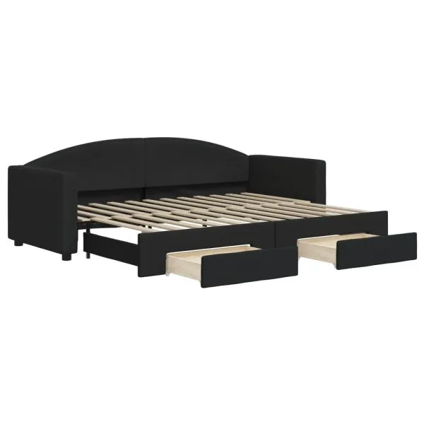 Pat de zi cu extensie și sertare, negru, 80×200 cm, textil