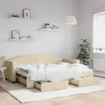 Pat de zi cu extensie și sertare, crem, 80×200 cm, textil