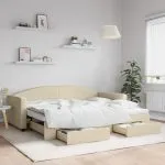 Pat de zi cu extensie și sertare, crem, 90×200 cm, textil