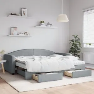 Pat de zi cu extensie și sertare, gri deschis, 90×200 cm textil