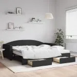 Pat de zi cu extensie și sertare, negru, 100×200 cm, textil